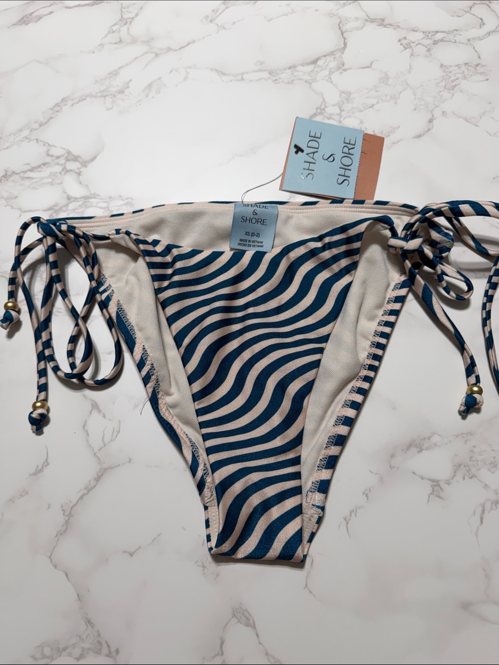 Shade & Shore Navy and Cream Wave-Print Tie-Side Bikini Bottom